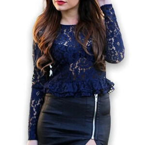 ZARA Trafaluc Navy Blue  Floral Lace Peplum Croppped Long Sleeve Top